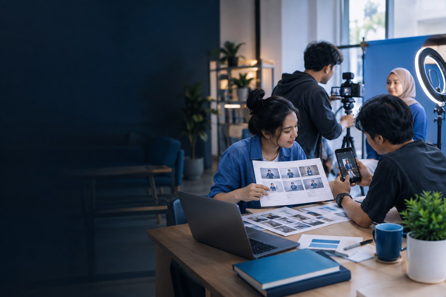Tim kreatif menyiapkan video pendek dan materi konten digital untuk brand