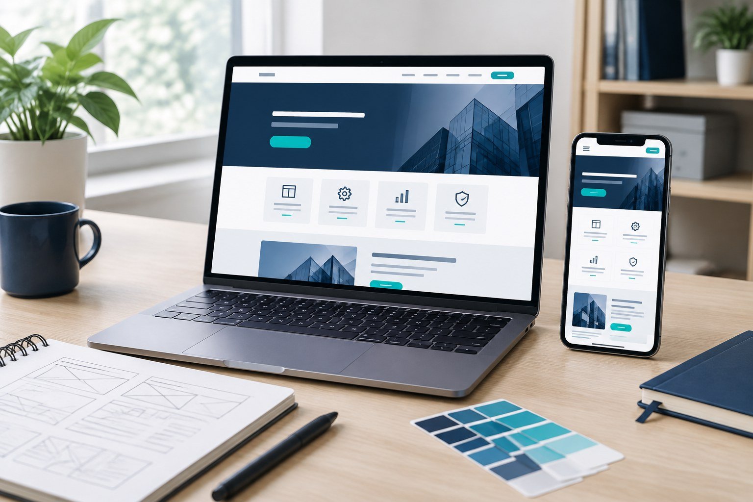 Ilustrasi website bisnis responsif pada laptop dan ponsel